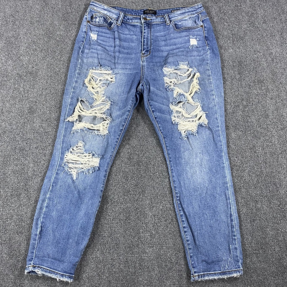 Judy Blue Boyfriend Fit Jeans 15/32 Blue Distressed Denim Stretch High Rise